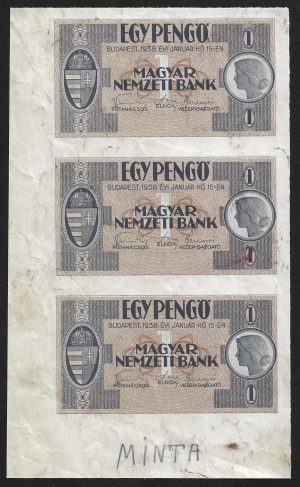 3 db-os sorszámozás néküli 1 pengő 1938 kis ív AUNC